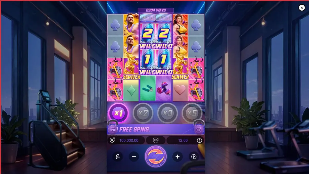 Tampilan visual slot Mighty Mania dengan tema gym dan kebugaran