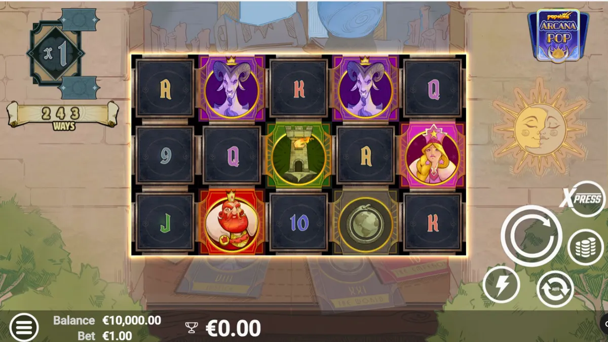 Tampilan visual mistis slot Arcana Pop dengan elemen tarot dan simbol astrologi