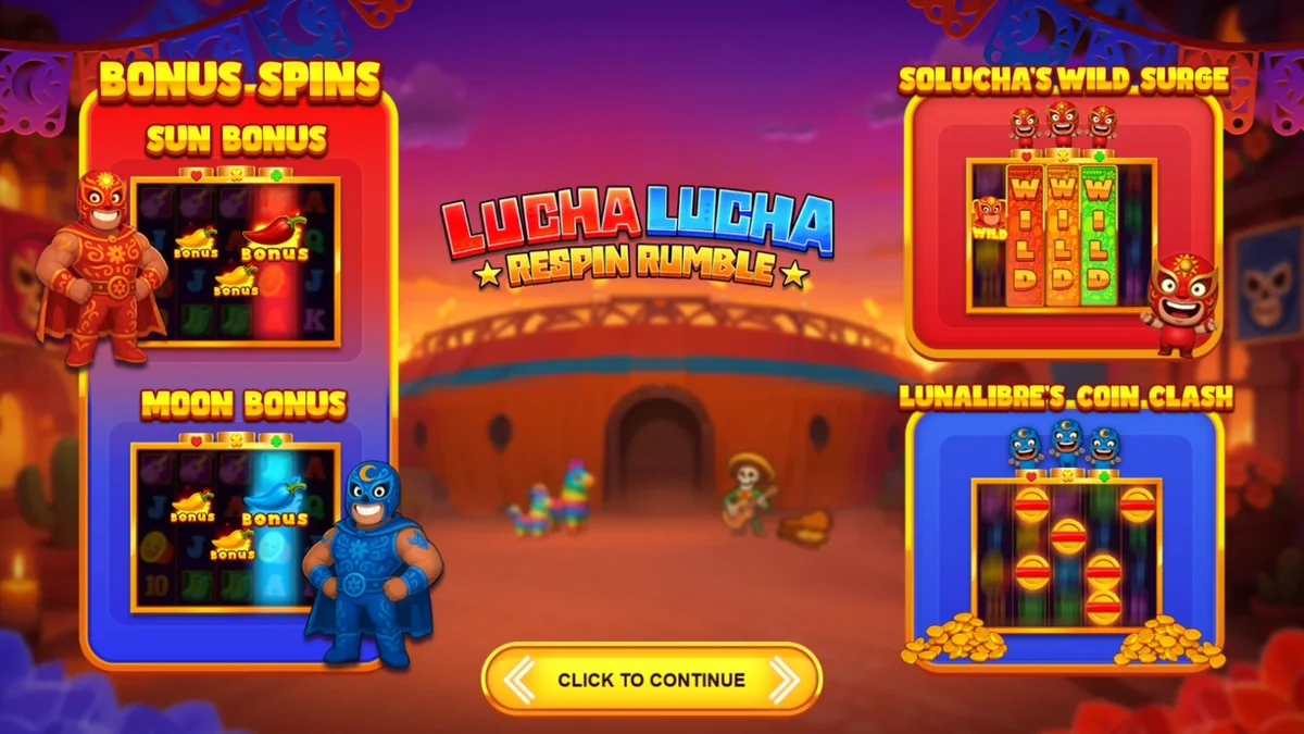 Lucha Lucha Respin Rumble slot game interface with vibrant Mexican wrestling theme